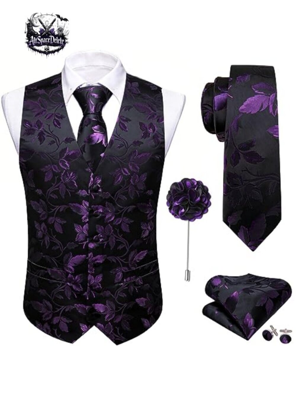 Men's Formal Floral Jacquard Silk Vest Tie Set 5 Piece Waistcoat